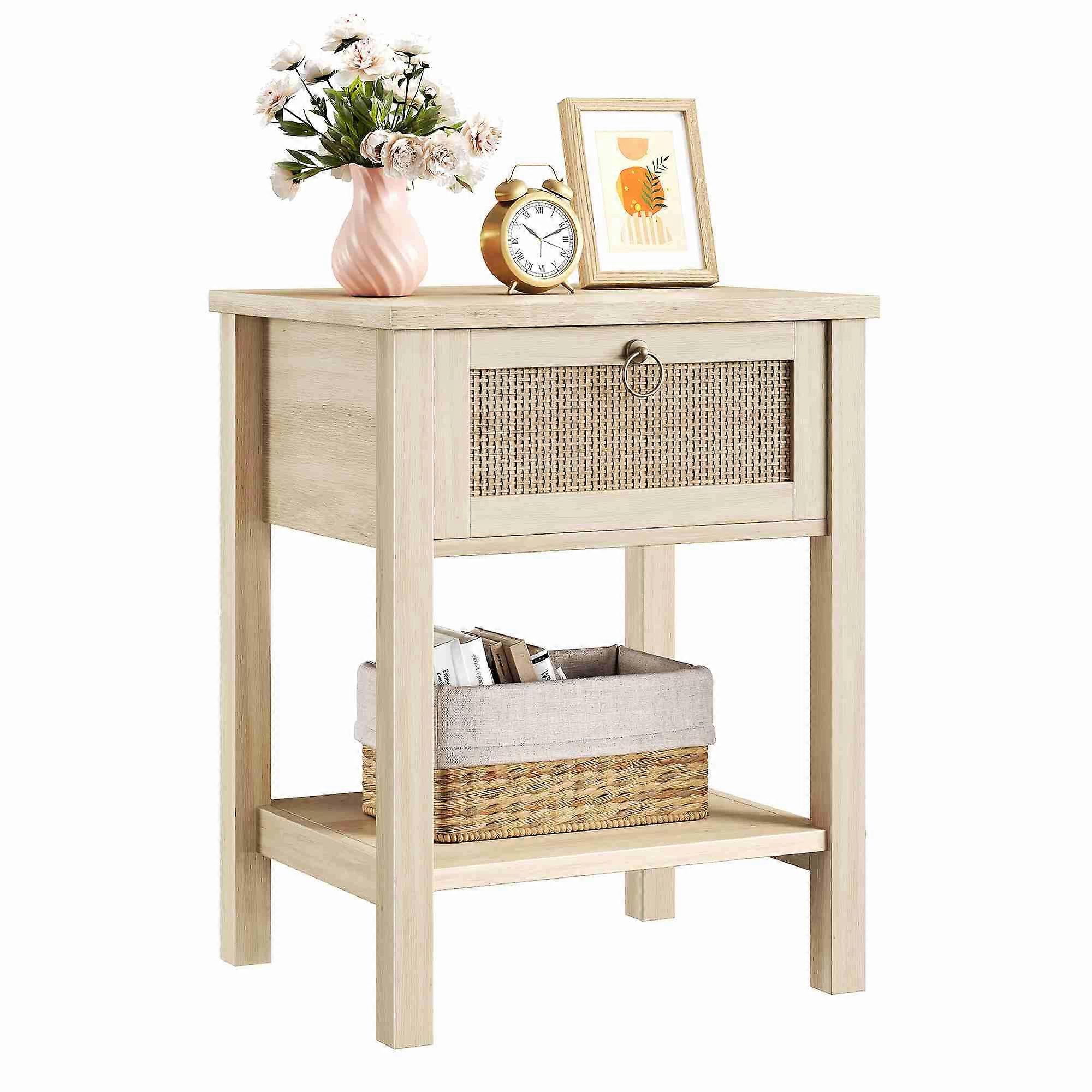 2 Pack Nightstand with Rattan Drawer Brass Knob 59.9x45x39.6cm