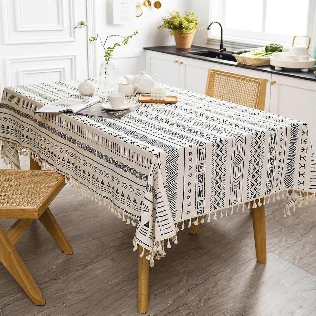 Tablecloth Boho Linen Look Rectangular Tassel Tablecloth Washable