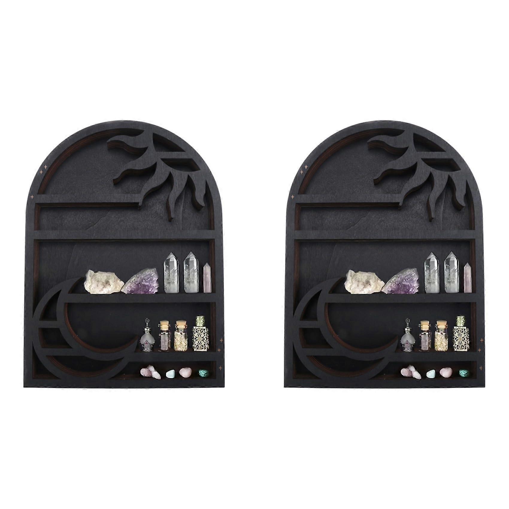 2X Wood Storage Shelf WallMounted Crescent Sun And Moon Crystal Shelf