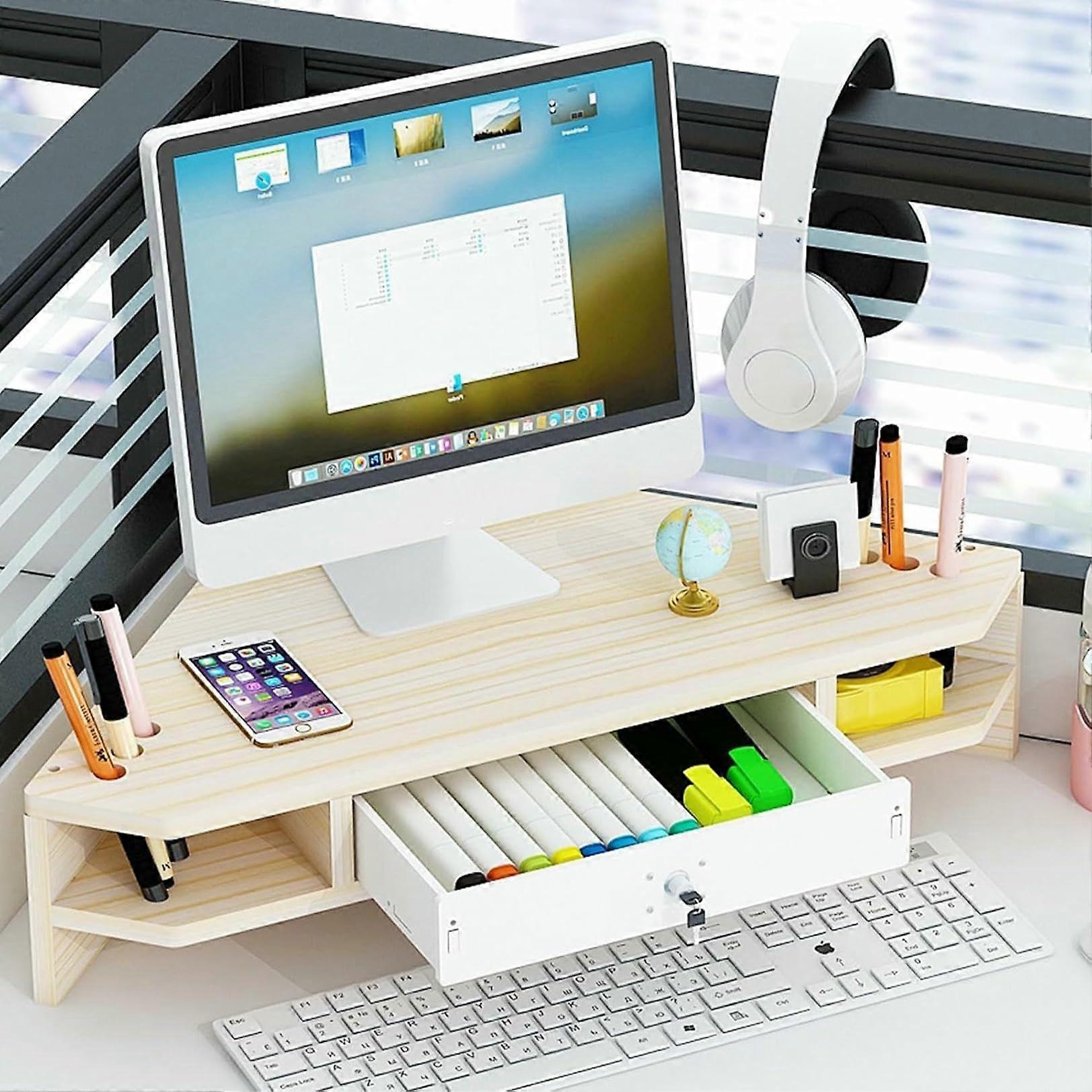 Corner Monitor Stand with Drawer, 2Tier Triangle Design, Ergonomic Monitor Elevator, Office Desktop Storage Shelf
