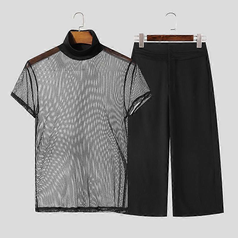 INCERUN Two-piece Men Short Sleeve Mesh Sheer Tops High Waist Pants Sets