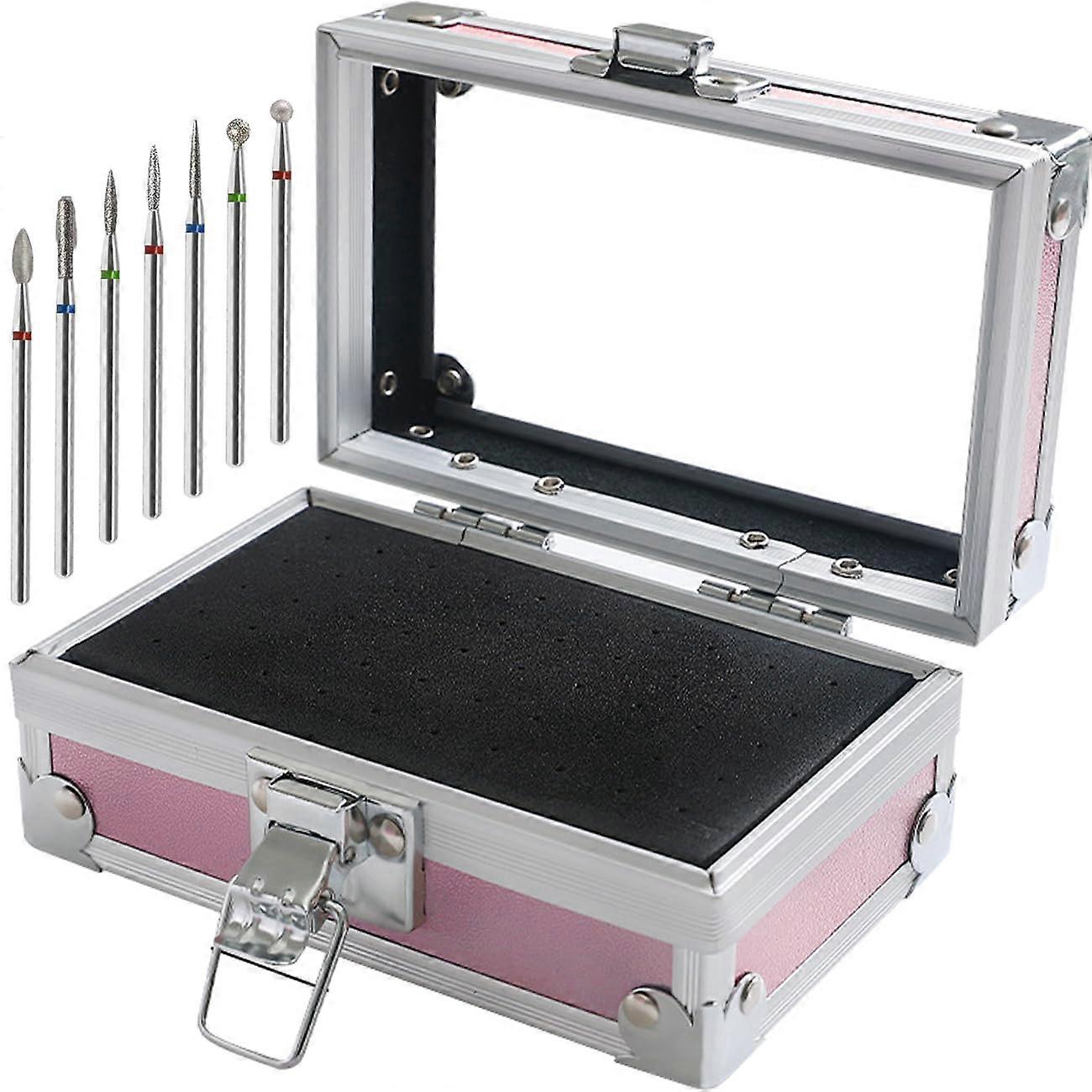 50 Holes Nail Drill Bits Holder with 7 Bits, Large Capacity Organizer Case with Transparent Lid, Pink
