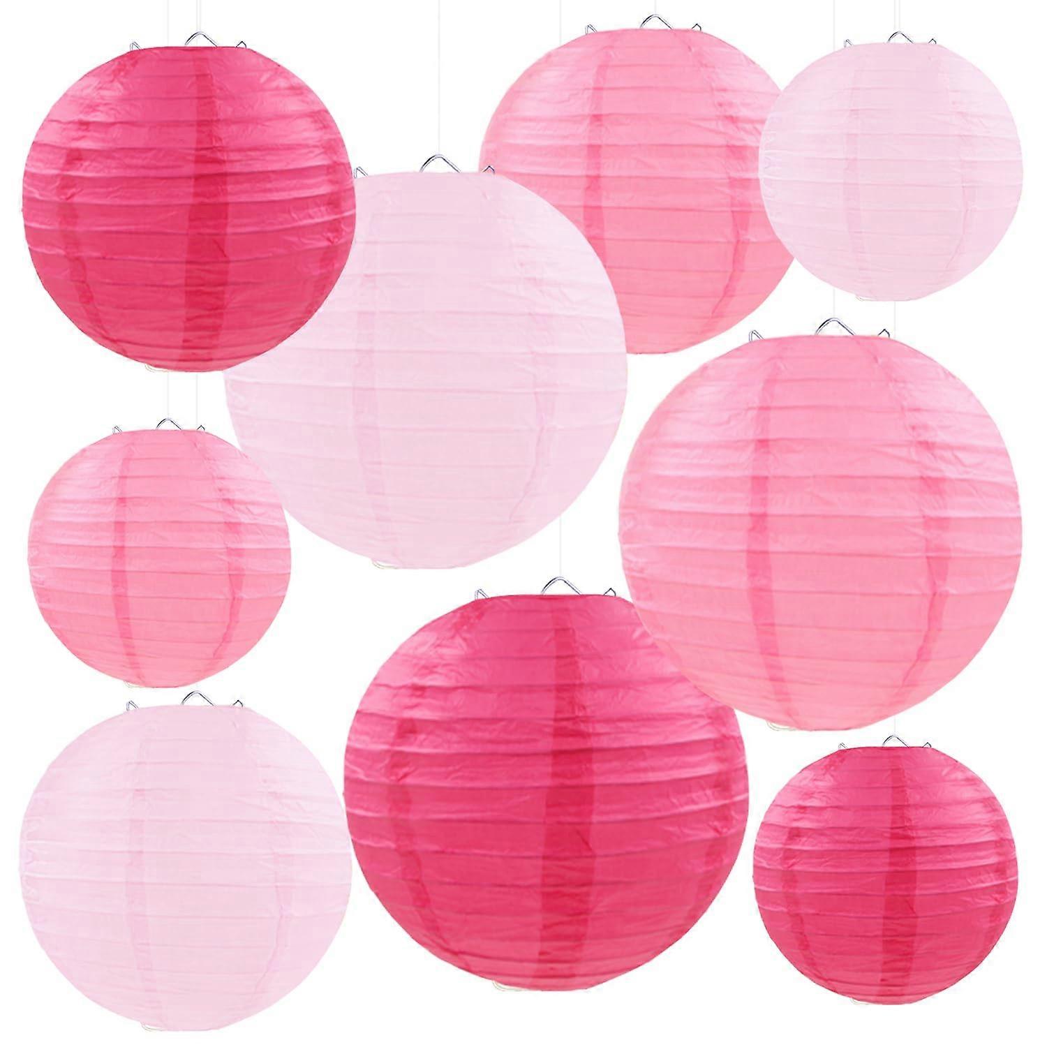 Pink Paper Lanterns Set for Wedding and Party Decor, 9 PCS Round Hanging, Three Size Options