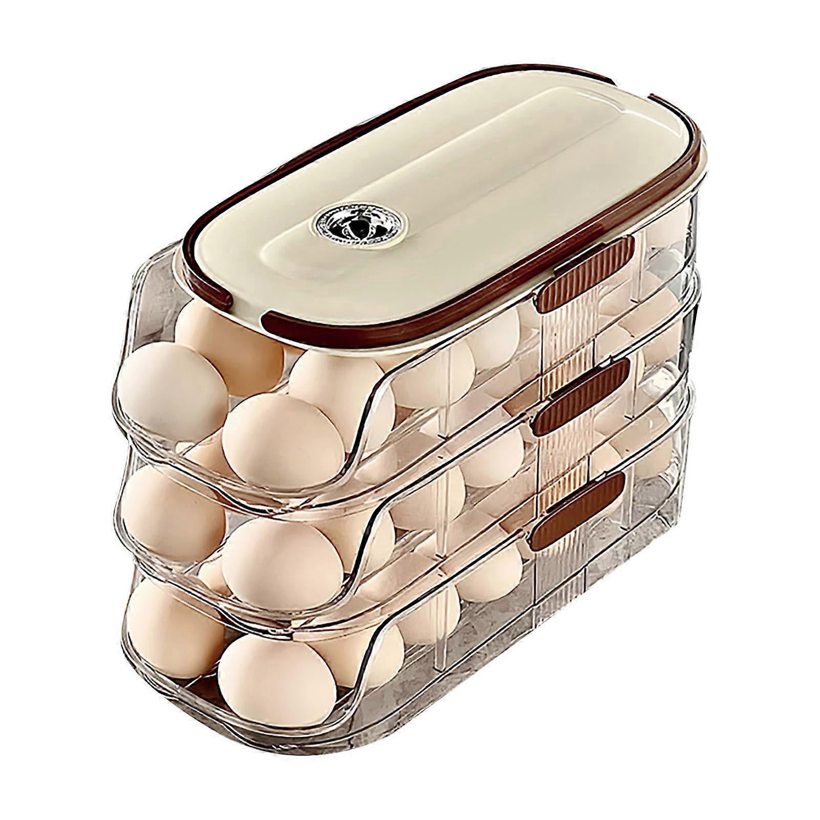 Egg Holder for Refrigerator, Automatic Rolling Triple Layer Stackable Organizer with Clear Lid