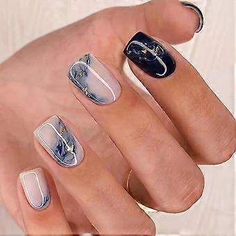 24 Pcs Short Black Press on Nails Square Acrylic Fake Nails Kit with Gold Glitter Designs