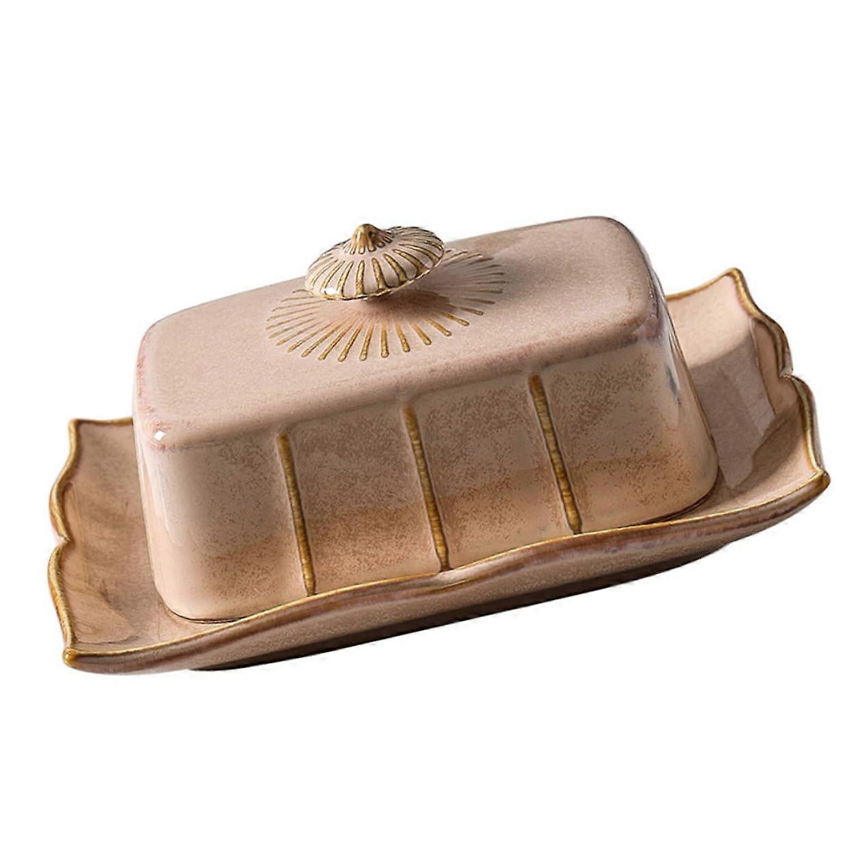 Vintage Ceramic Butter Dish with Lid, Rectangular Khaki Butter Keeper for Kitchen Countertop