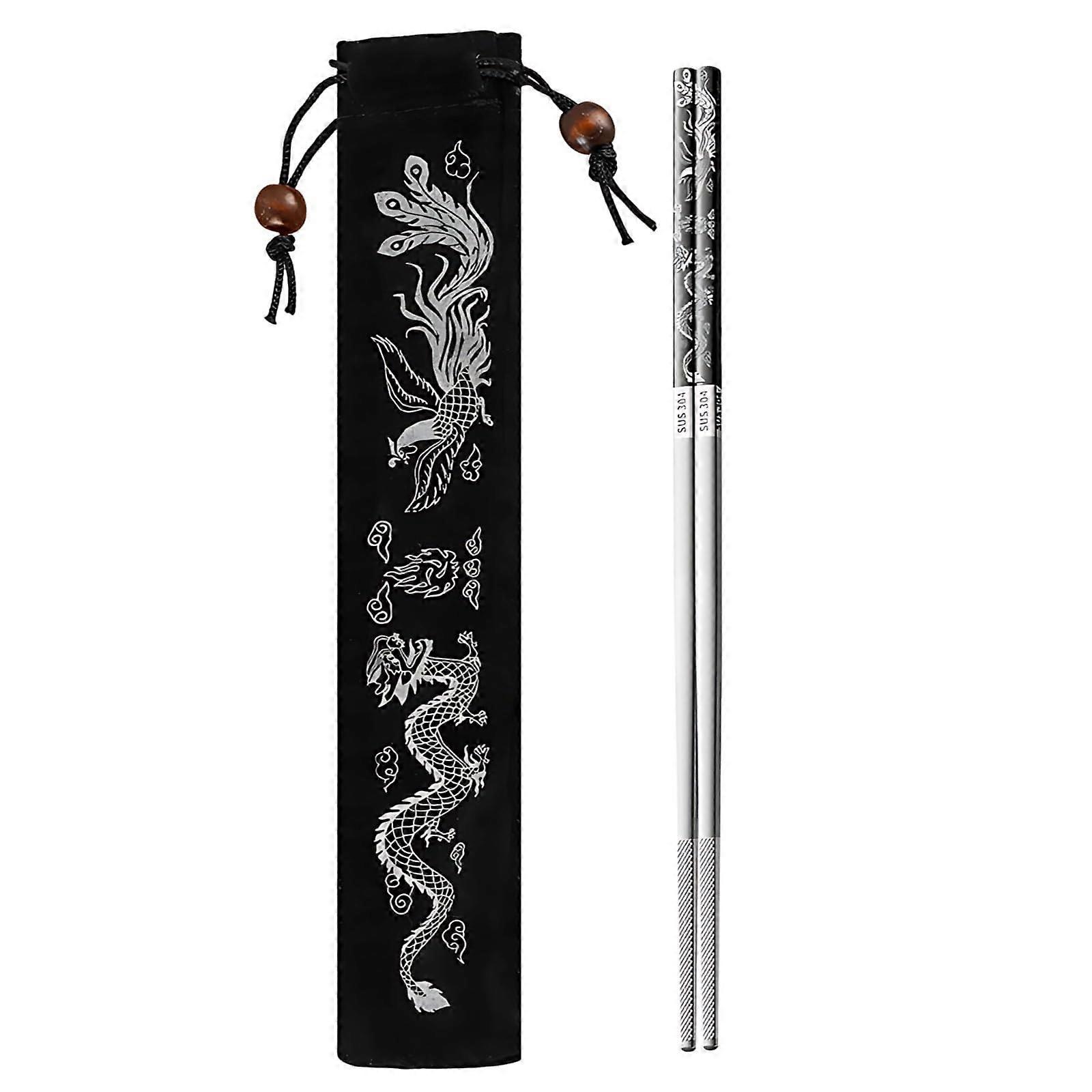 Stainless Steel Chopsticks 304 Dragon Design Reusable Rustproof with Drawstring Pouch 9.3in