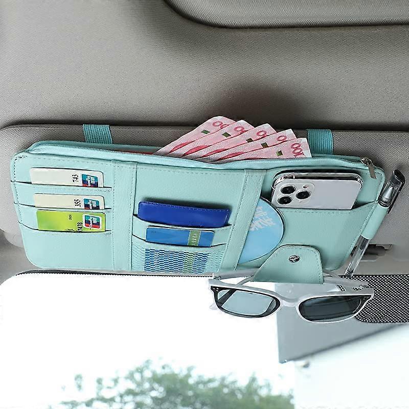PU Leather Car Sun Visor Organizer with Multi Pockets for Documents and Sunglasses, Blue