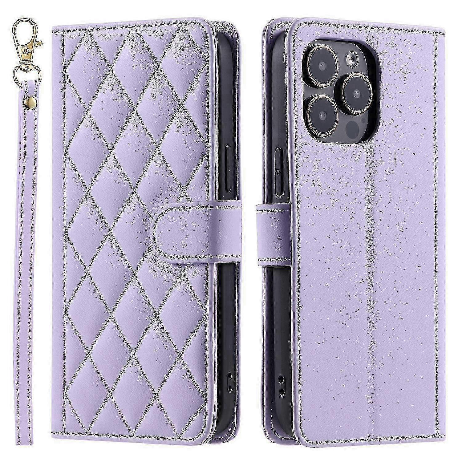 For iPhone 14 Pro Max Leather Phone Case with Wallet Rhombus Grid Pattern