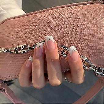 Short Square French Press On Nails with Rhinestones, White Acrylic Fake Nails Salon Quality Finish