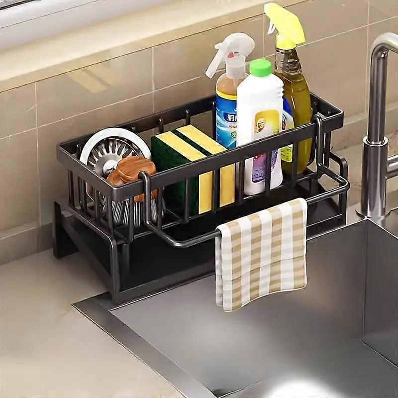 Rust Resistant Kitchen Sink Organizer with Auto Draining Design and Towel Bar, Compact Black Caddy