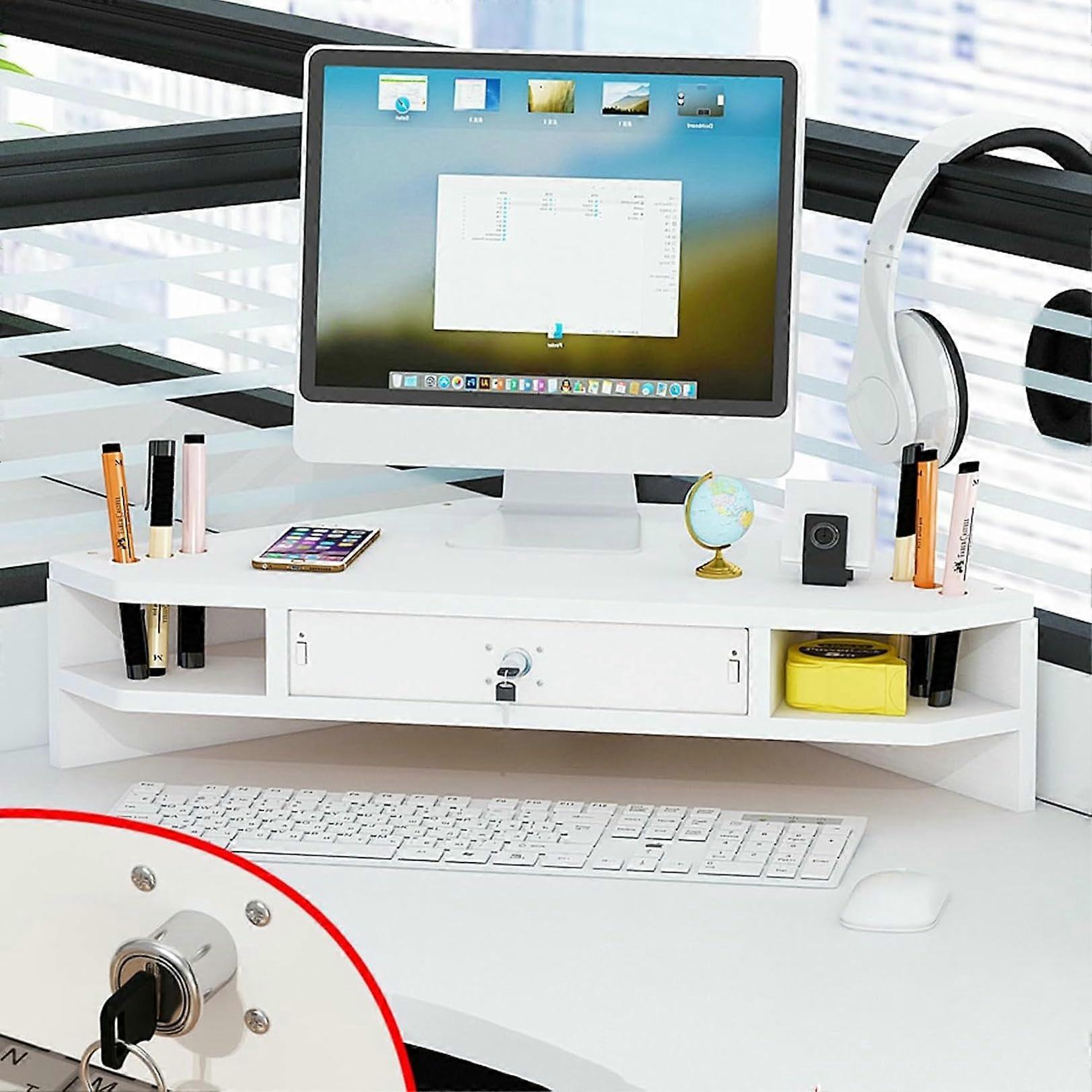 Monitor Stand Corner Desk Organizer with Ergonomic Elevation and DualTier Triangle Drawer