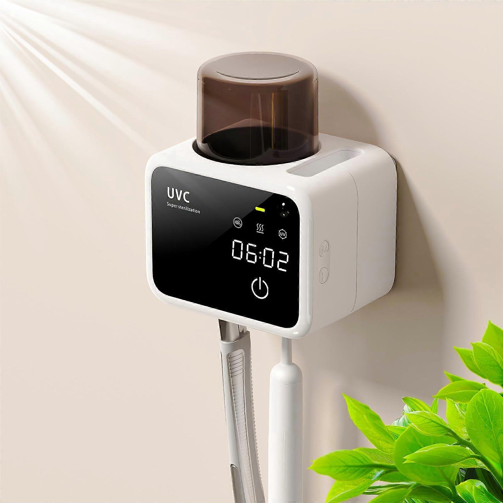 Electric Toothbrush Holder with Smart Drying, 3 Modes, Clock Timer, Cup, Wall Mounted White
