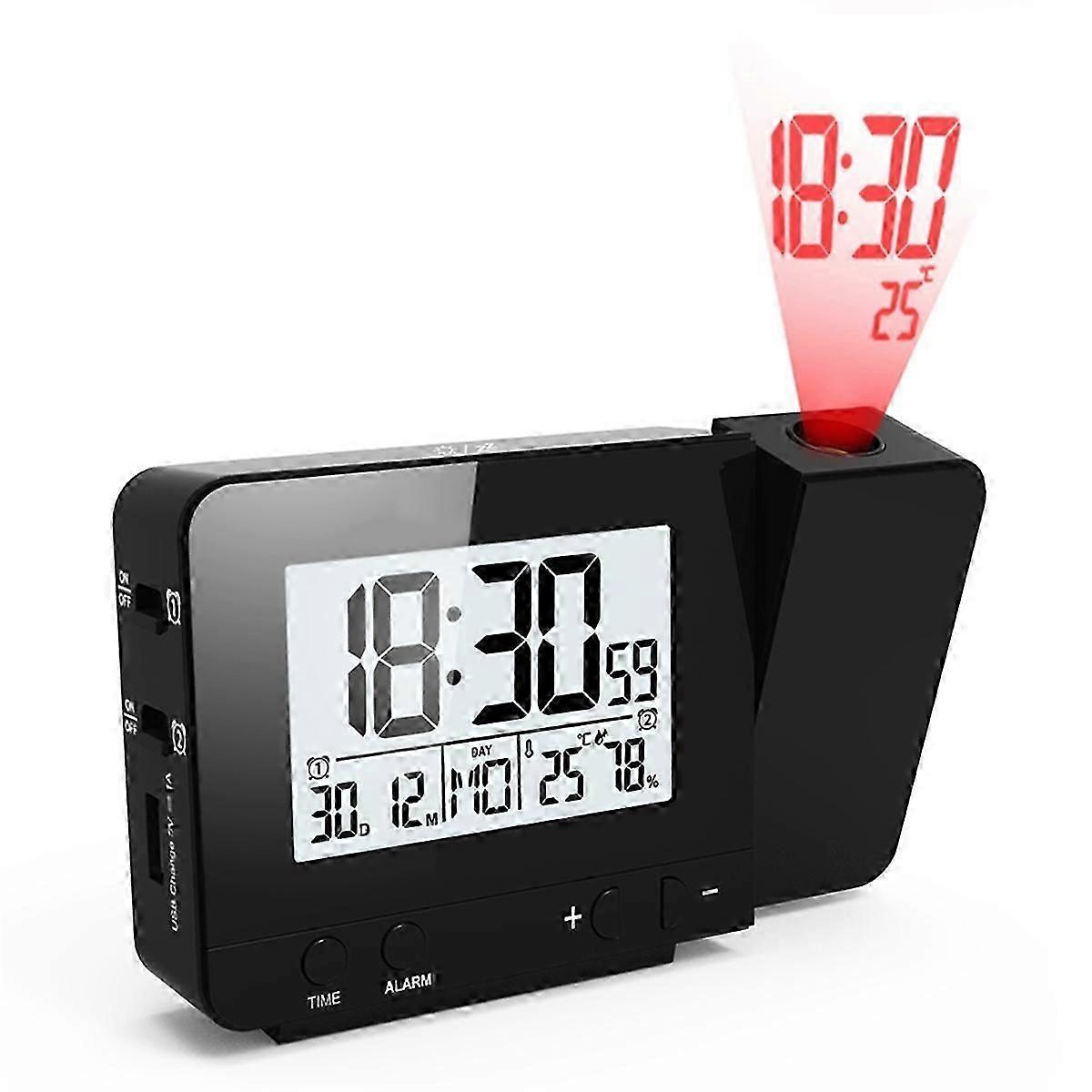 Clock with Digital Date Snooze Function Backlight Watch Wall Projector Desk Table Led Clock with Time Projection Black