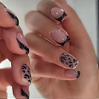 24 Unhas Postiças Francesas Pretas QUNQINLI Curtas Quadradas com Estampa de Leopardo