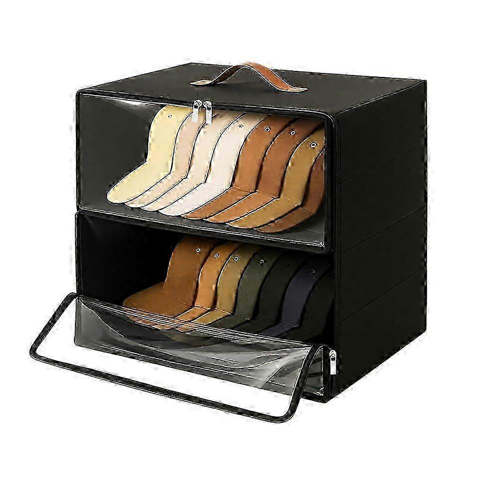 2 Pack Front-Opening Hat Organizer for Baseball Caps, Stackable Rigid Hat Storage Box with Clear Window