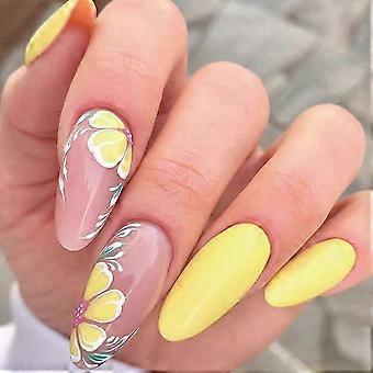 Almond Press On Nails 24pcs Medium French Tip Nude Yellow Floral Design Fake Nails for Women