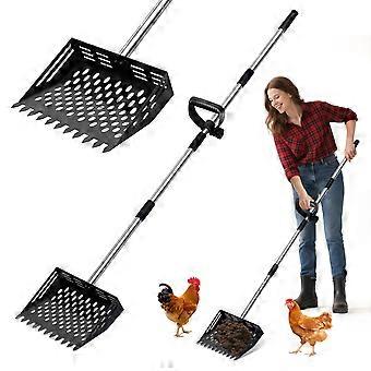 2in1 Chicken Poop Scooper and Rake with Adjustable 24–68in Metal Handle, Durable Coop Cleaning Tool