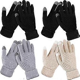 4 Paar Damen-Winterhandschuhe mit Touchscreen, warm gefüttert mit Fleece, Strickhandschuhe mit elastischem Bündchen, ideal zum Tippen auf dem Smartphone (Schwarz, Grau, Apricot)