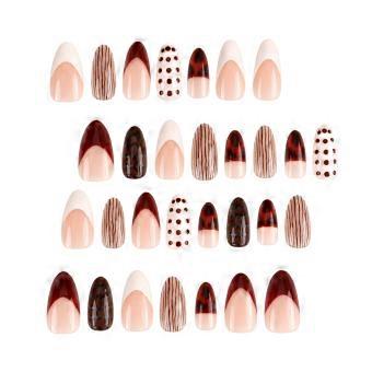 Medium Almond Press On Nail French Tip with Striped Dot Design,False Nail,Elegant Daily Manicure Decorations for Women Multicolor