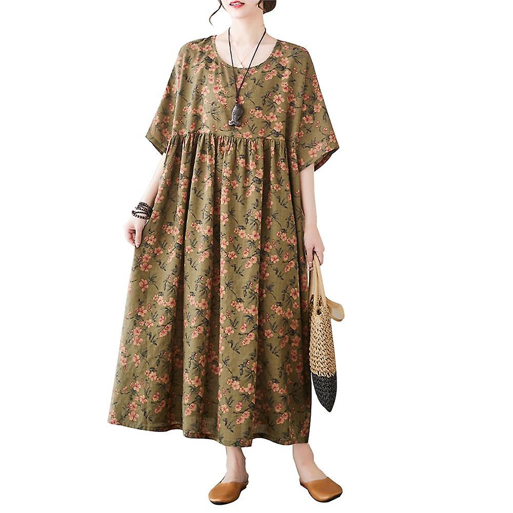 Robe d'été ample pour femme, style vintage, imprimée, avec poches, manches courtes, col rond, épaules tombantes, décontractée