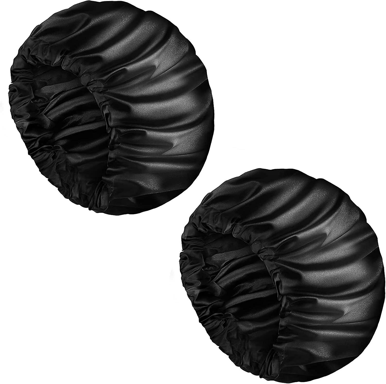 Satin Bonnet Sleep Cap 2 Pack Extra Large Double Layer Reversible Adjustable Satin Cap for Sleeping Shower Cap