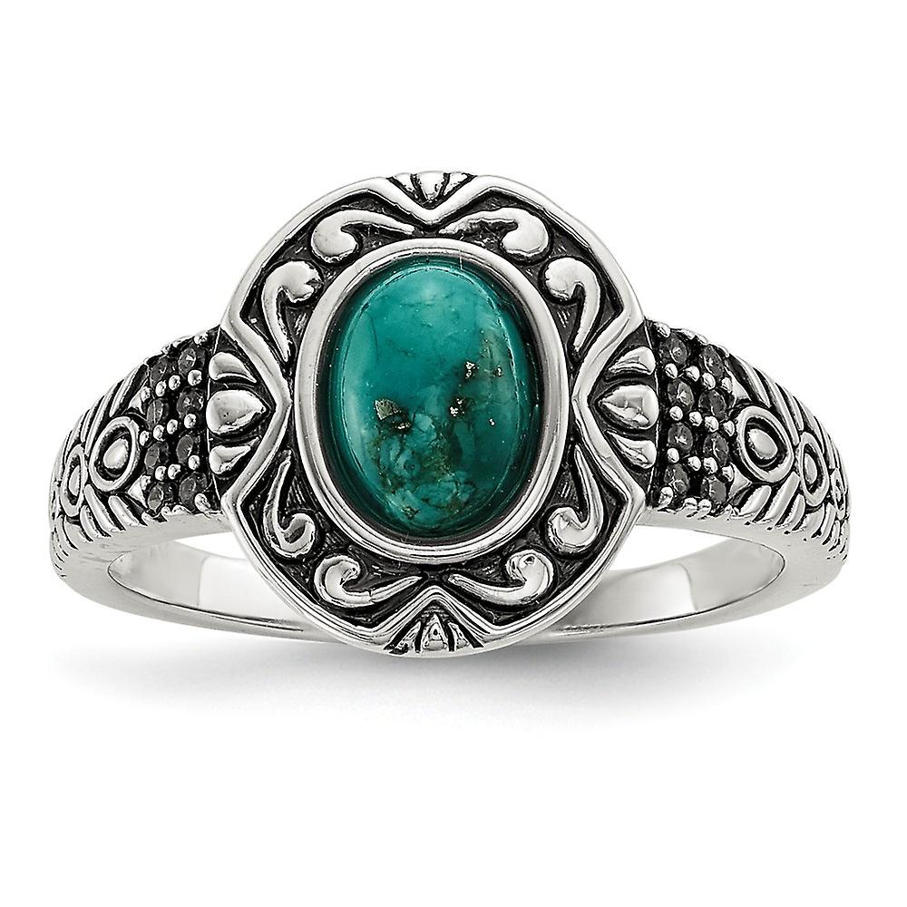 925 Sterling Silver Rhodium Plated and Oxidized With Recon. Simulated Turquoise Ring 1.5mm Wide <mm Thick Band Style-Rin
