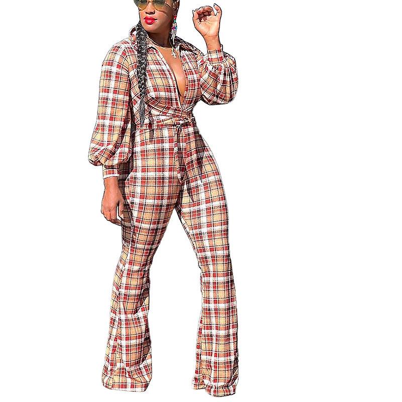 Women's Long-sleeved Printed Checks Jumpsuit