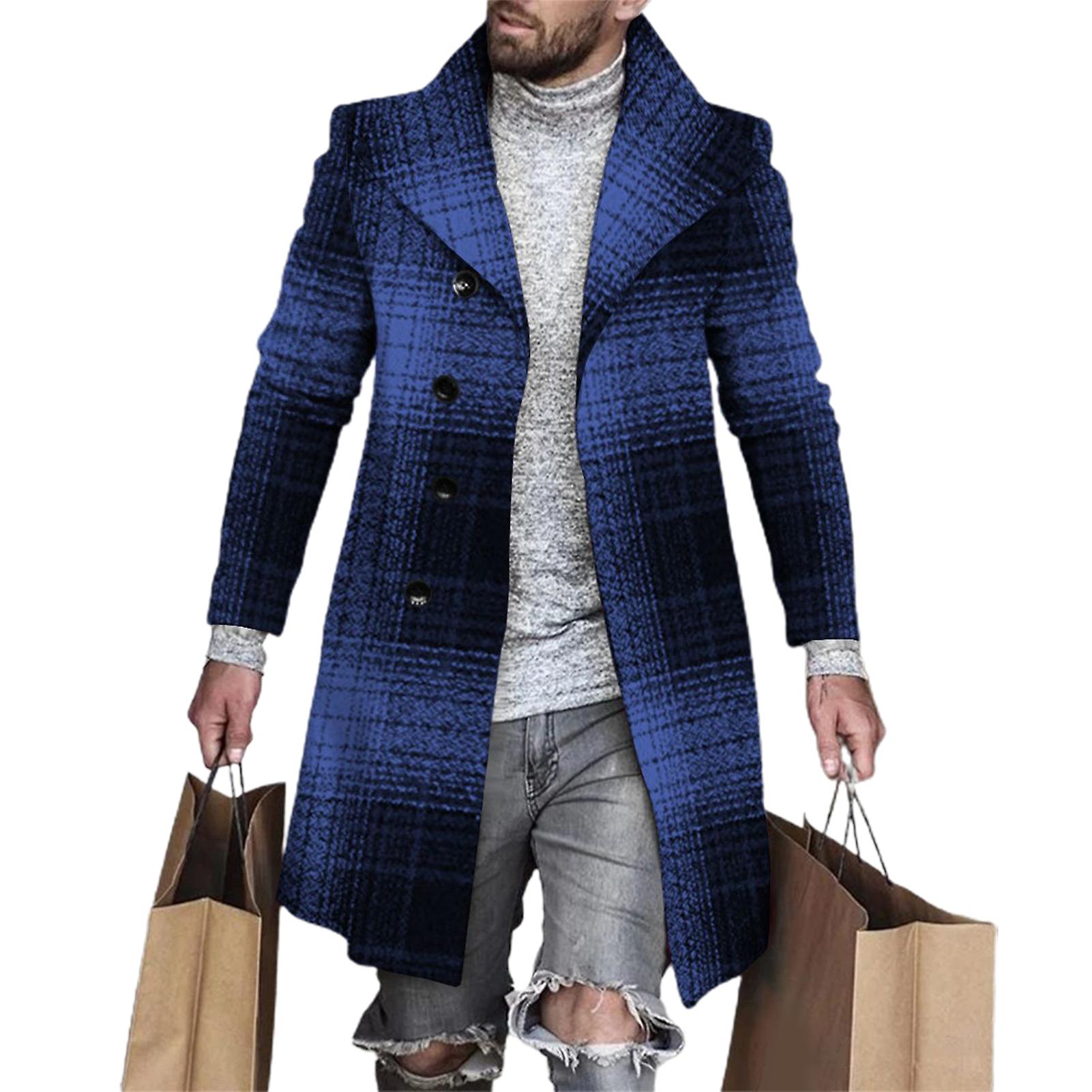 Yaka Uzun Kollu Cepler Tek Göğüslü Erkekler Rüzgarlık Sonbahar Kış Orta Uzunlukta Ekose Patchwork Kalınlaşmış Yün Ceket