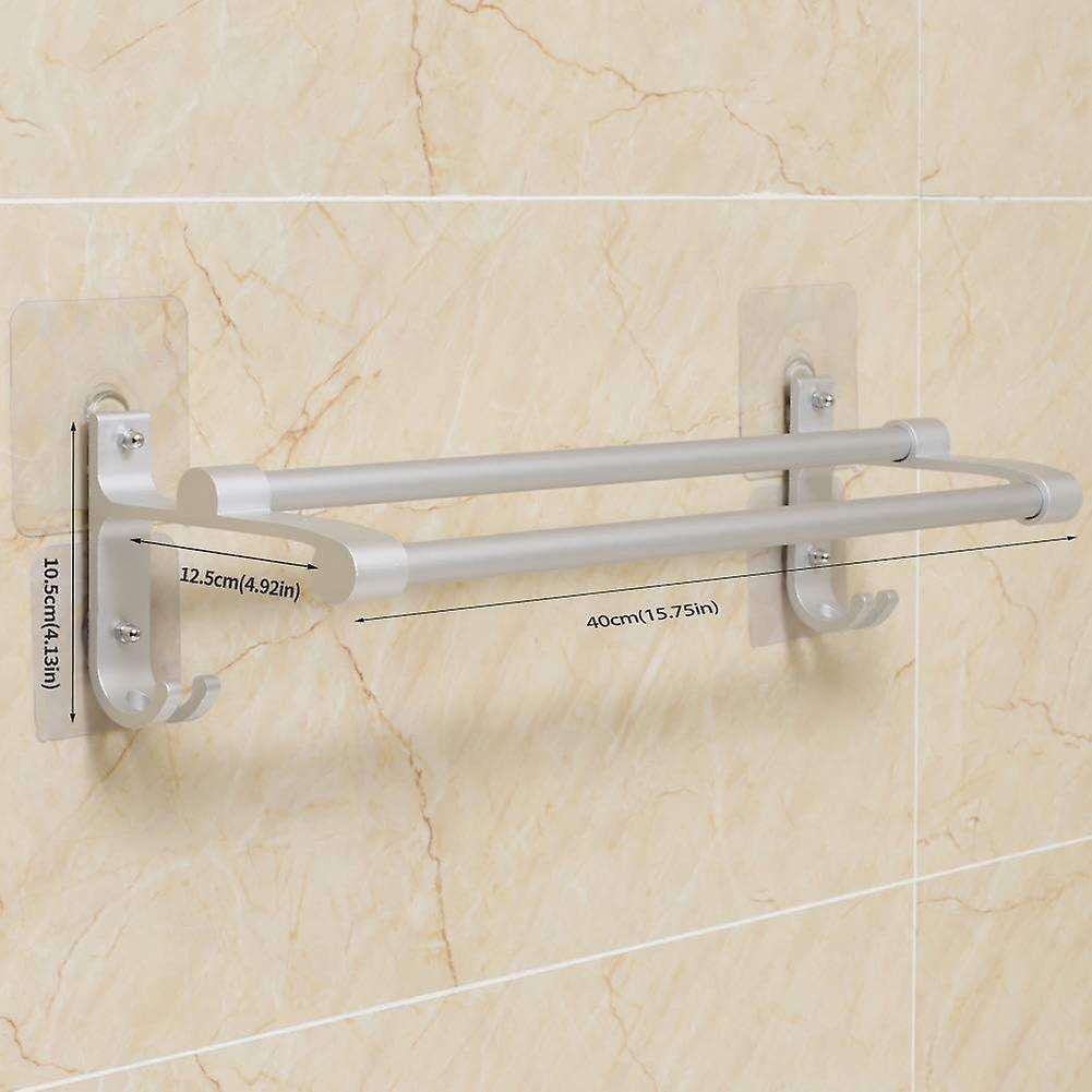 No Drilling Bathroom Double Bar Towel Rack 2 Hooks