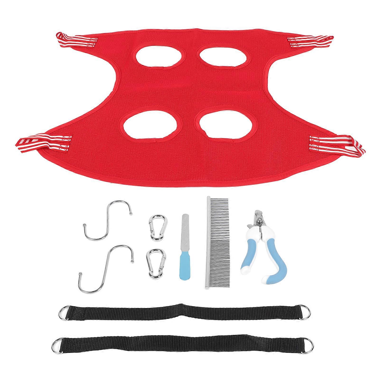 Dog Grooming Hammock Set Breathable Safe Restraint Bag Pet Grooming Sling with Nail Clipper Comb for Puppy Cat Red 10 Piece Set M