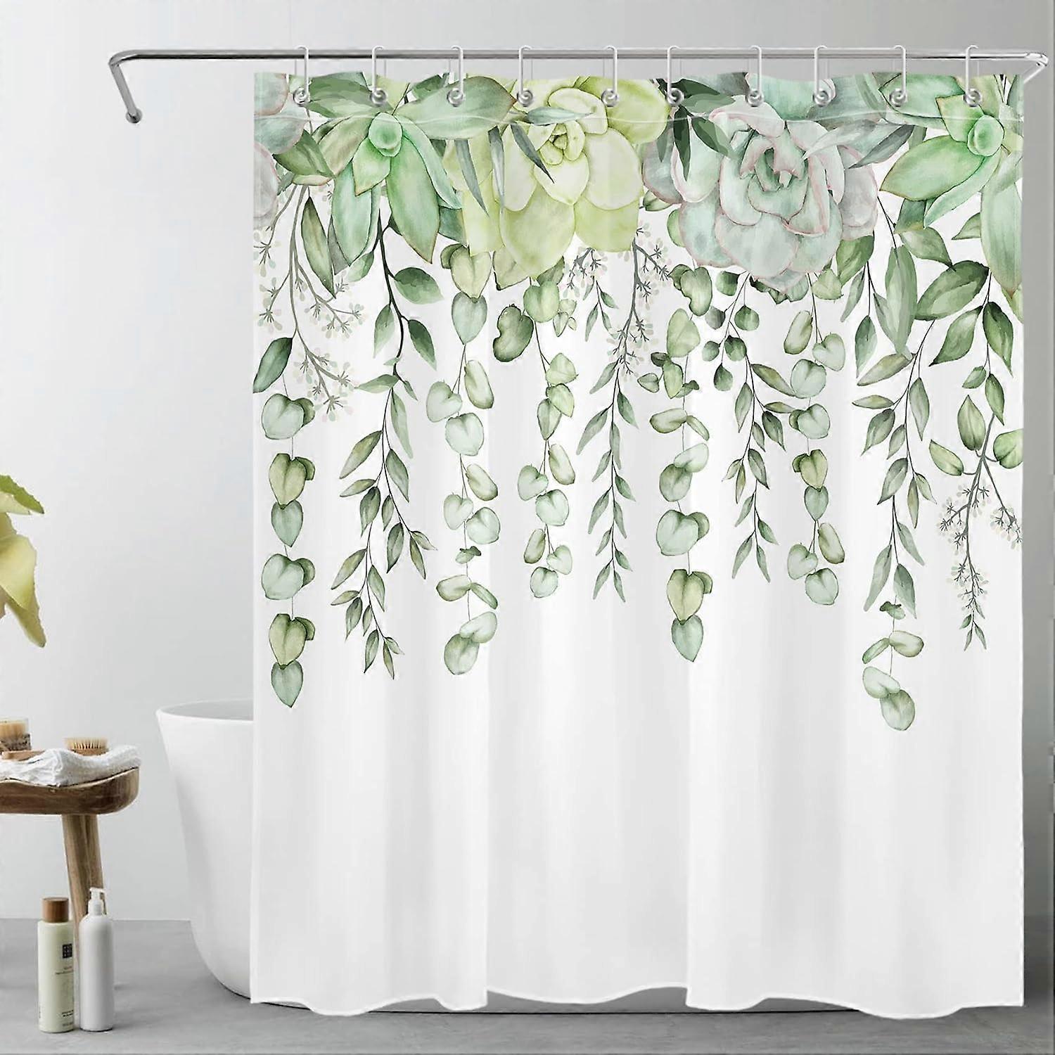Eucalyptus Leaf Shower Curtain Decor, Sage Green Plant Succulent Botanical Green and White Shower Curtains for Bathroom 60X72 inch Polyester Fabric Ba