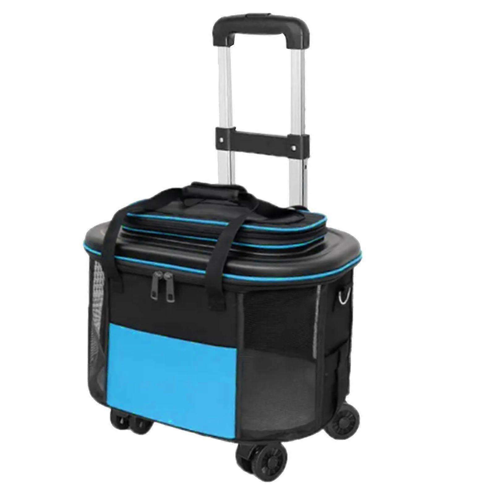 Portable Pet Trolley Case Breathable Dog Cat Carrier with Wheels Pet Suitcase for Going Out Travel Blue
