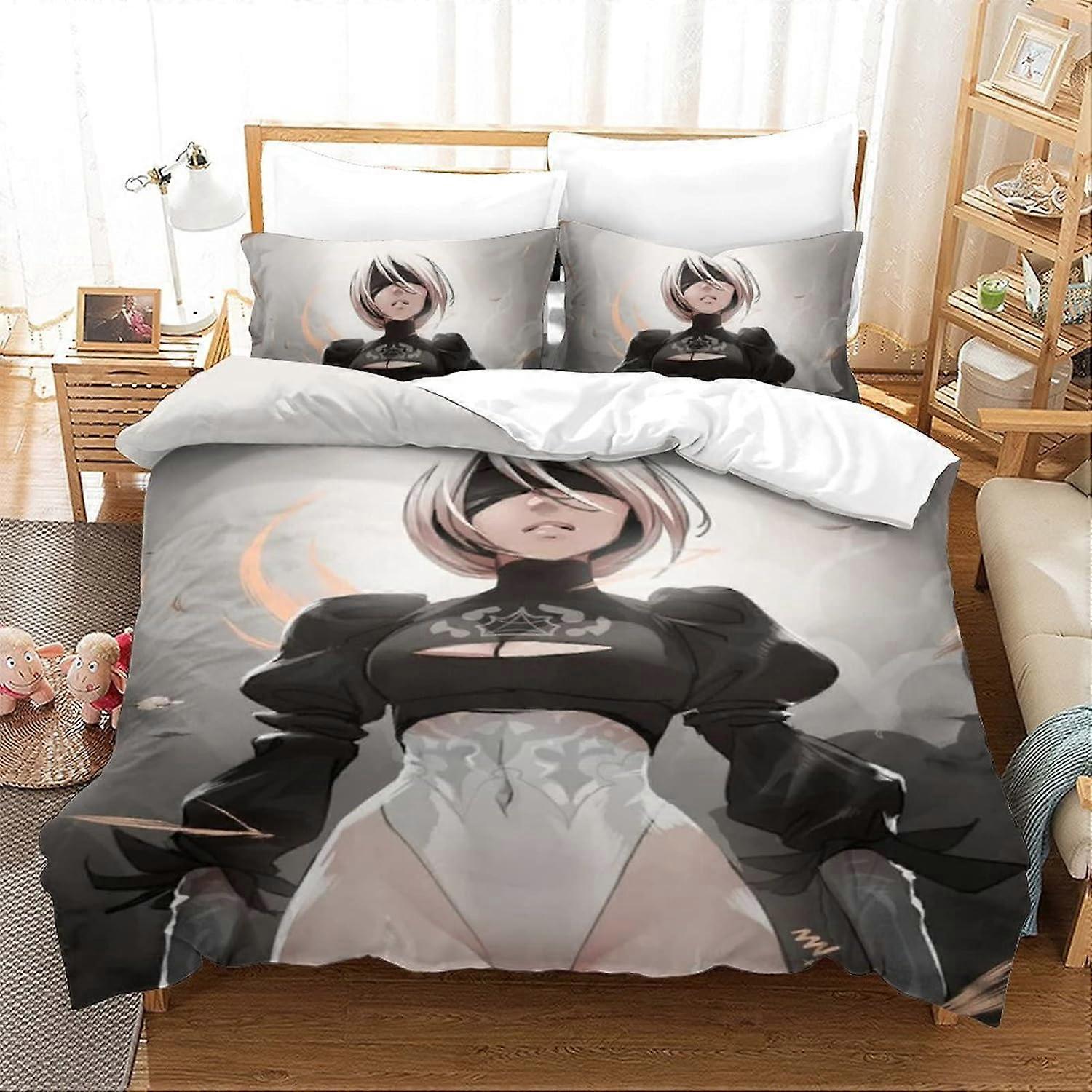 Nier Automata Bedding Set, Microfiber Duvet Cover and Pillowcases, Yorha No Type B and Game D Design with Duvet Cover and Zipper Closure R 135*200 CM