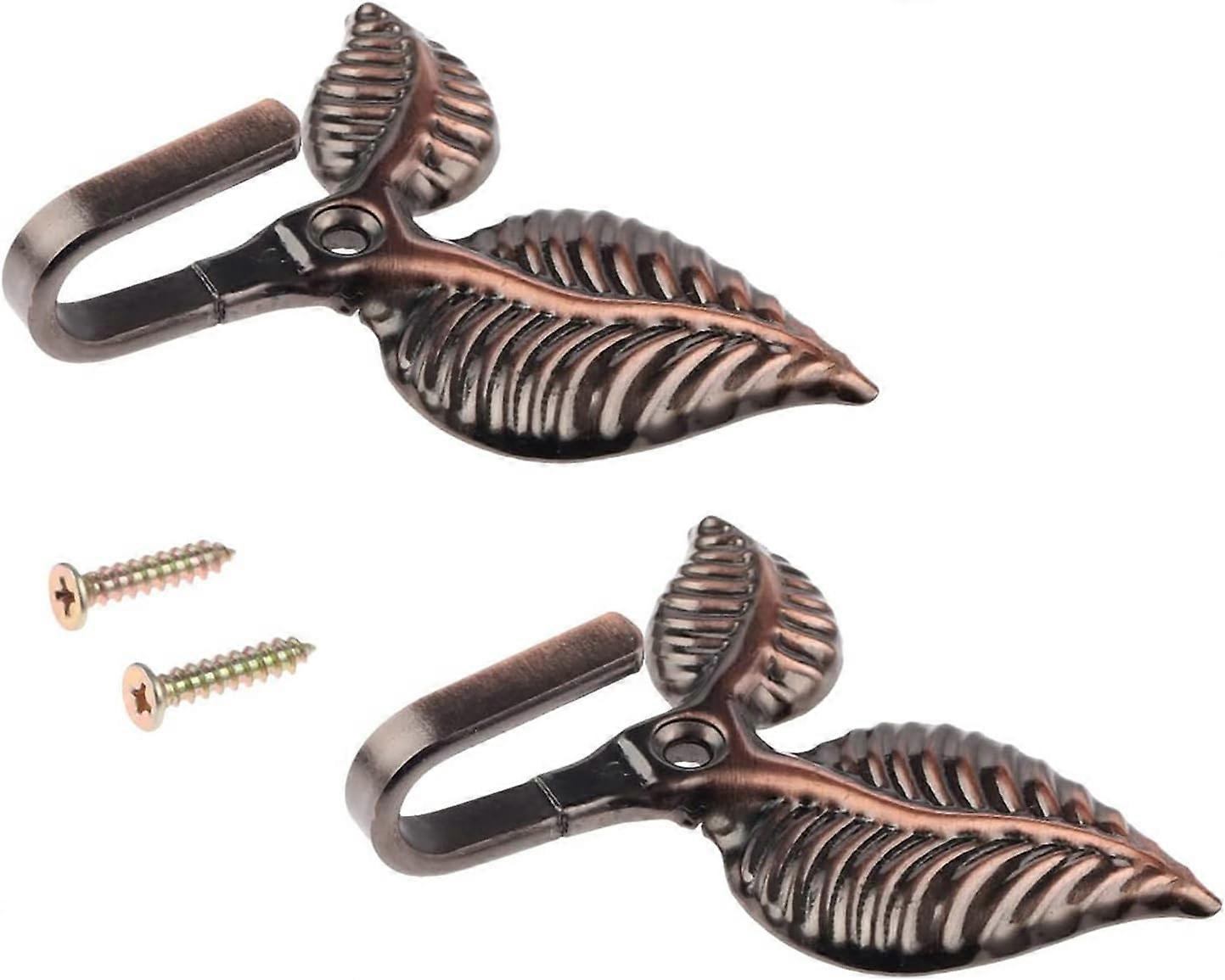 2Pcs Red Copper Curtain Brass Tiebacks, Leaf Design Tie Back Hooks for curtains- Screw in