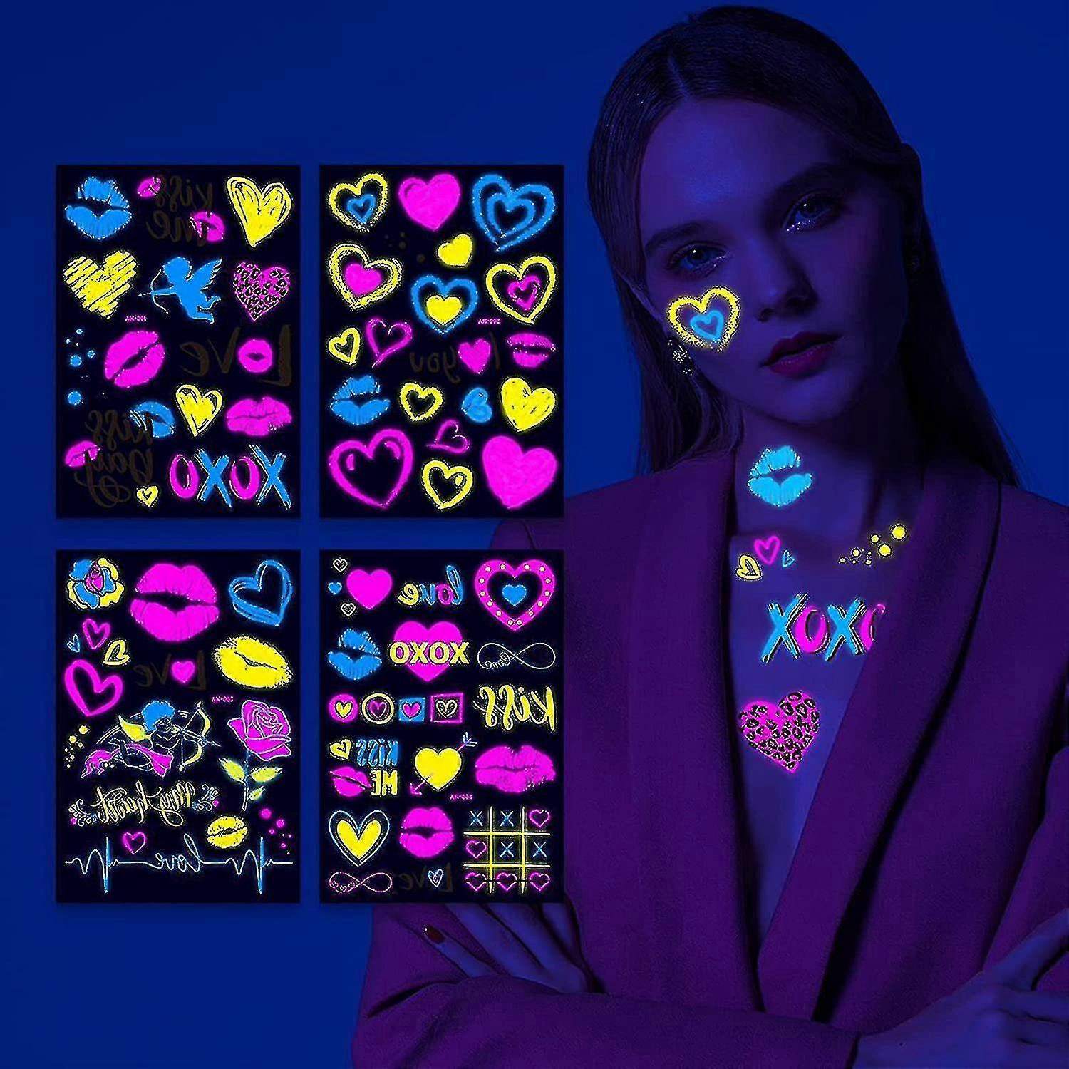 Neon Temporary Tattoo, Assorted Designs Glow In The Dark Neon Temporary Tattoo, Uv Blacklight Fake Tattoos