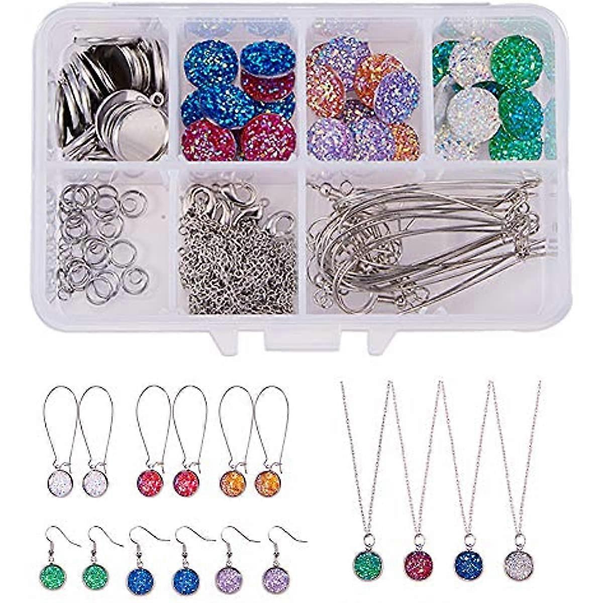 DIY 14Set Druzy Jewelry Necklace Earrings Making Kit - 24pcs Flat Back Druzy Resin Cabochons 12mm 24pcs Blank Dangle Cabochon Setting Earrings Hooks 2