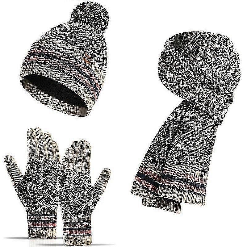 Women Scarf Gloves Hat Set Print Beanie Hat Scarf Touch Screen Gloves Soft Warm Cap