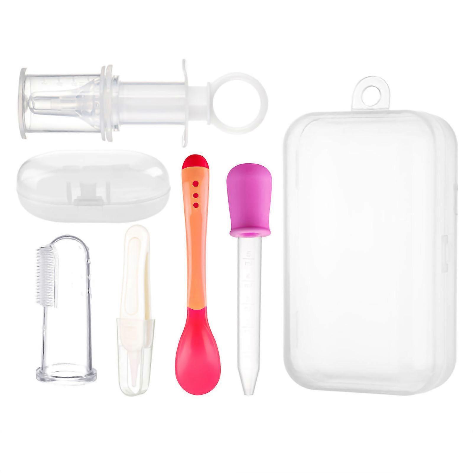 5PCS/Set Medicine Feeder Temperature Sensing Spoon Dropper Nostril Tweezers Toothbrush for Newborn Babies Pink