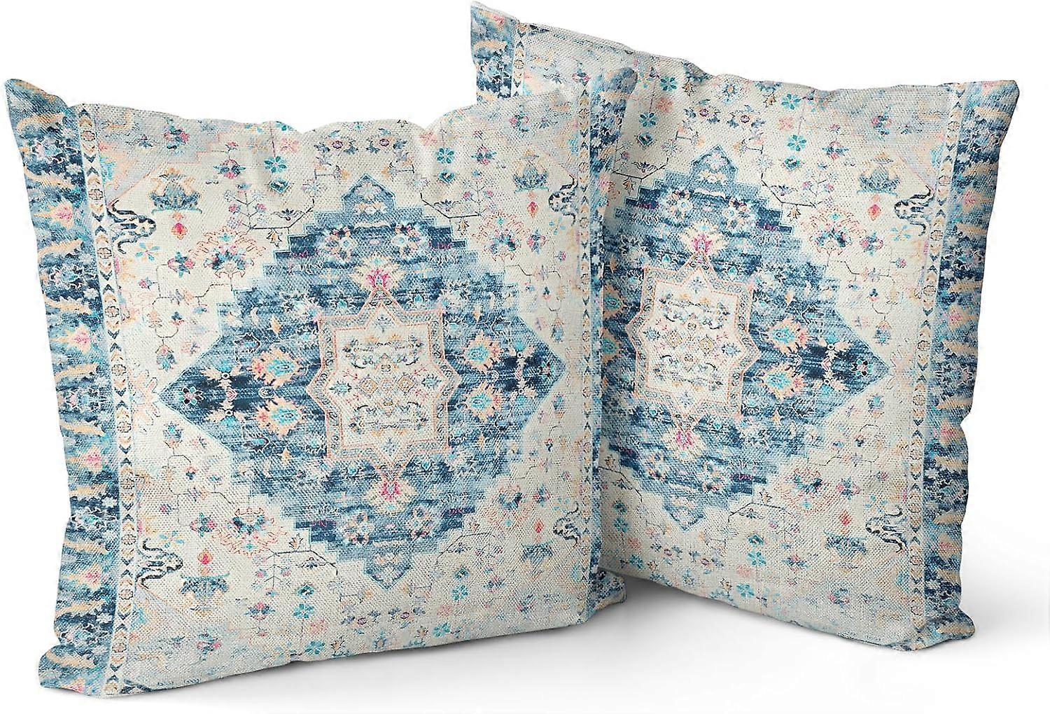 Capas de Almofada Boho 18"x18" Conjunto de 2 Capas de Almofada de Linho com Padrão Duplo Face Bohemian Carpet para Sofá Cama Decorativo de Fazenda,
