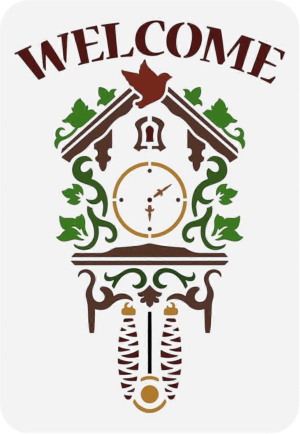 Cuckoo Clock Welcome Stencil 11.7x8.3 inch Hollow Out Bird Vine Leaf Drawing Stencil Reusable Forest Clock House Art Craft Stencils for Wall Paper Can