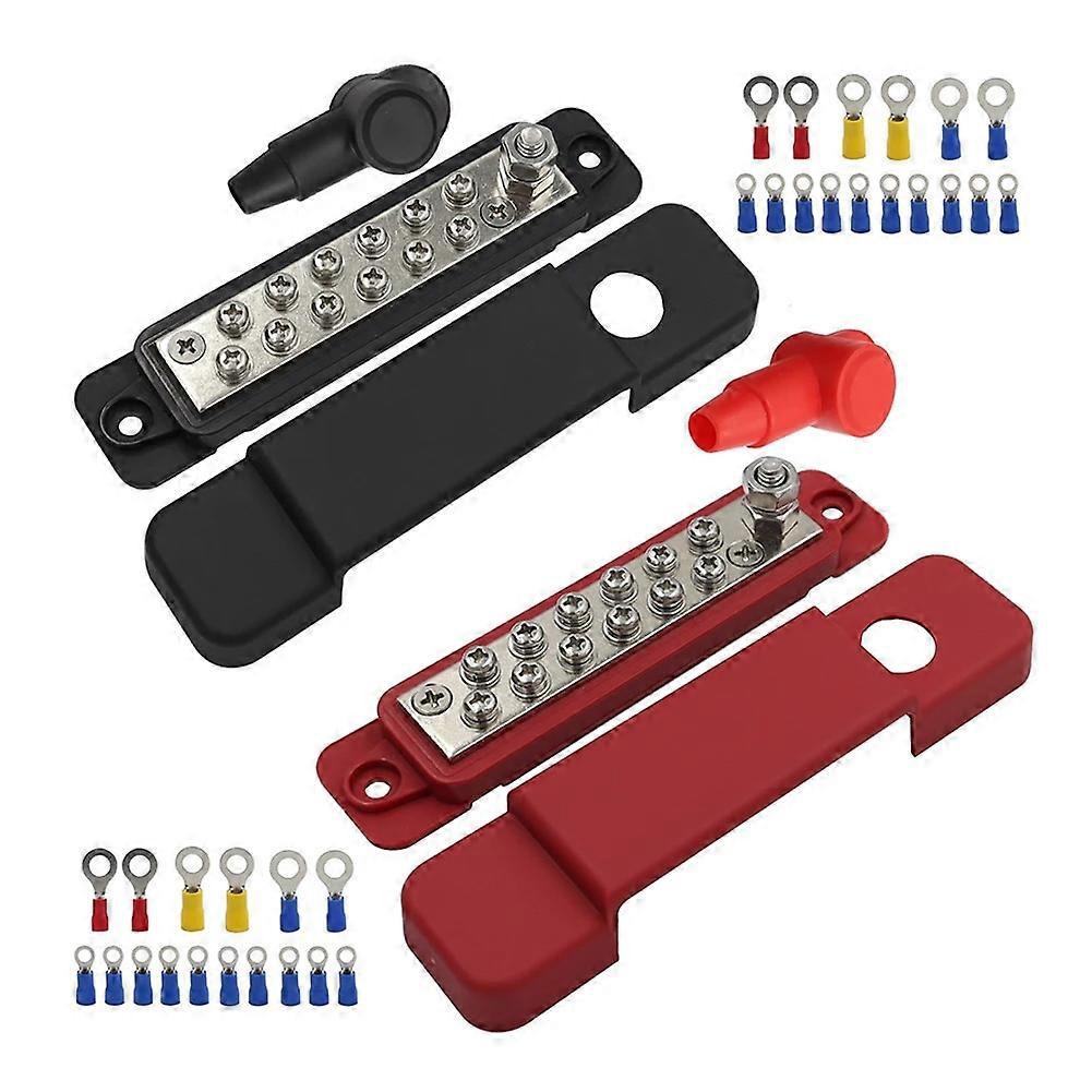 2pcs 12 Terminal Power Distribution Block Bus Bar DC 48V 12P Wiring Bars Busbar with Covers + Ring Terminals for Automobiles RV