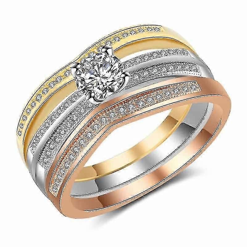 Gold, Silver, Rose Gold Tri-color Mixed Spot Diamond Set With Round Zircon Set Ring - Trendy Tricolor Mixed Dotted Diamond Set Round Zircon Set Ring