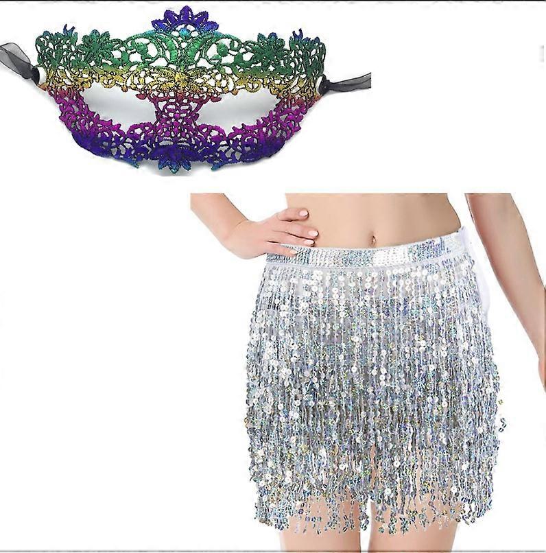 Sequin Lace Mask Skirt, 4 Layers Sequin Fringe Skirt and Venetian Mask, Sequin Oriental Dance Scarf and Mask, Sequin Fringe Skirt Women's Sequin Skirt