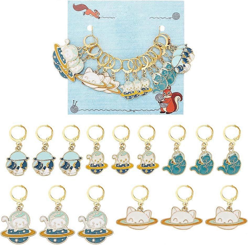 15 Pcs Space Theme Cat Stitch Markers Enamel Crochet Stitch Marker Removable Leverback Hook Locking Stitch Marker DIY