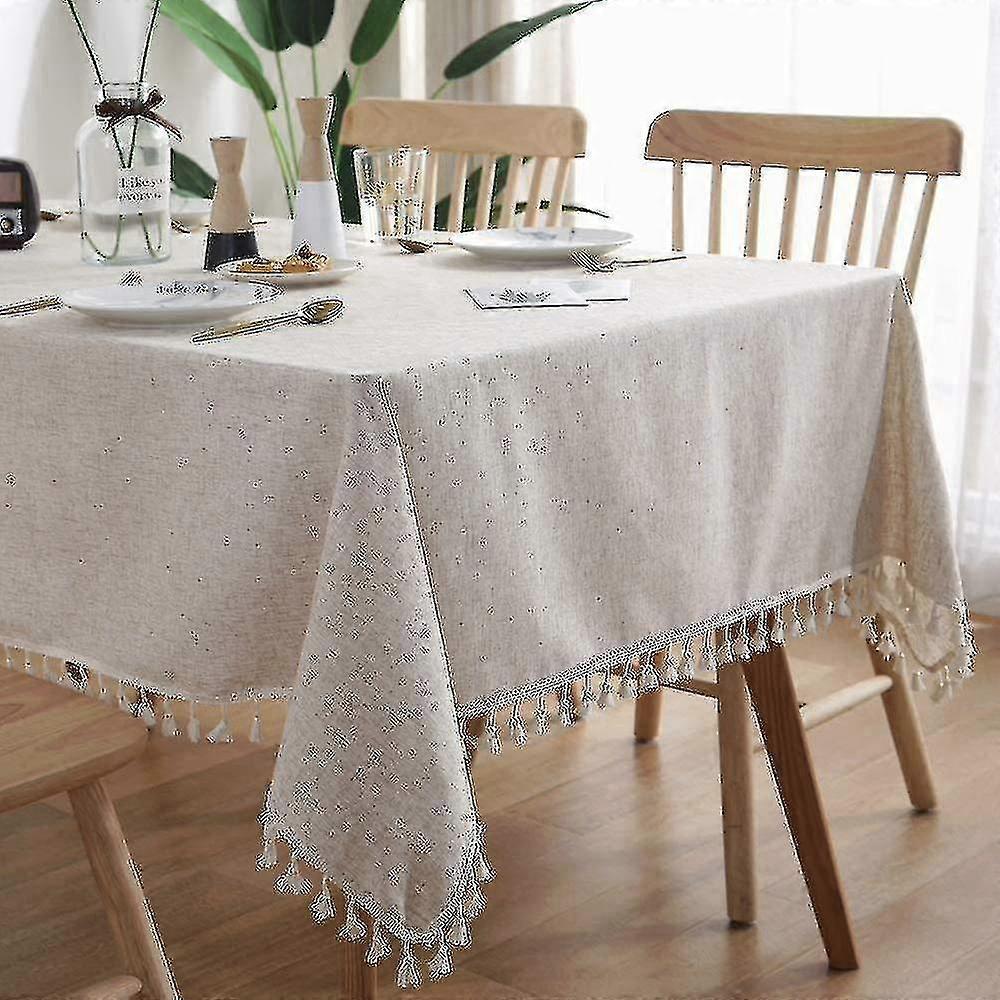 Cotton Linen Table Cloth Solid Color Tassel Square Tablecloth Dust-proof Shrink-proof Table Cover Fo