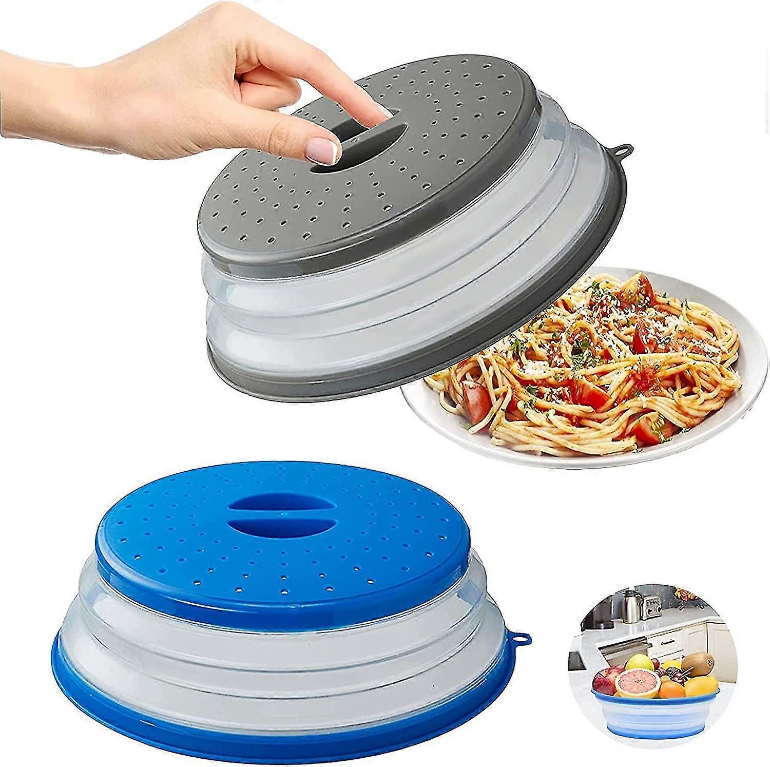 Microwave Collapsible Lid, 2 Pieces Collapsible Microwave Cover, Food Warming Lid Microwave Splash Proof Lid With Steam Hole (gray + Blue)