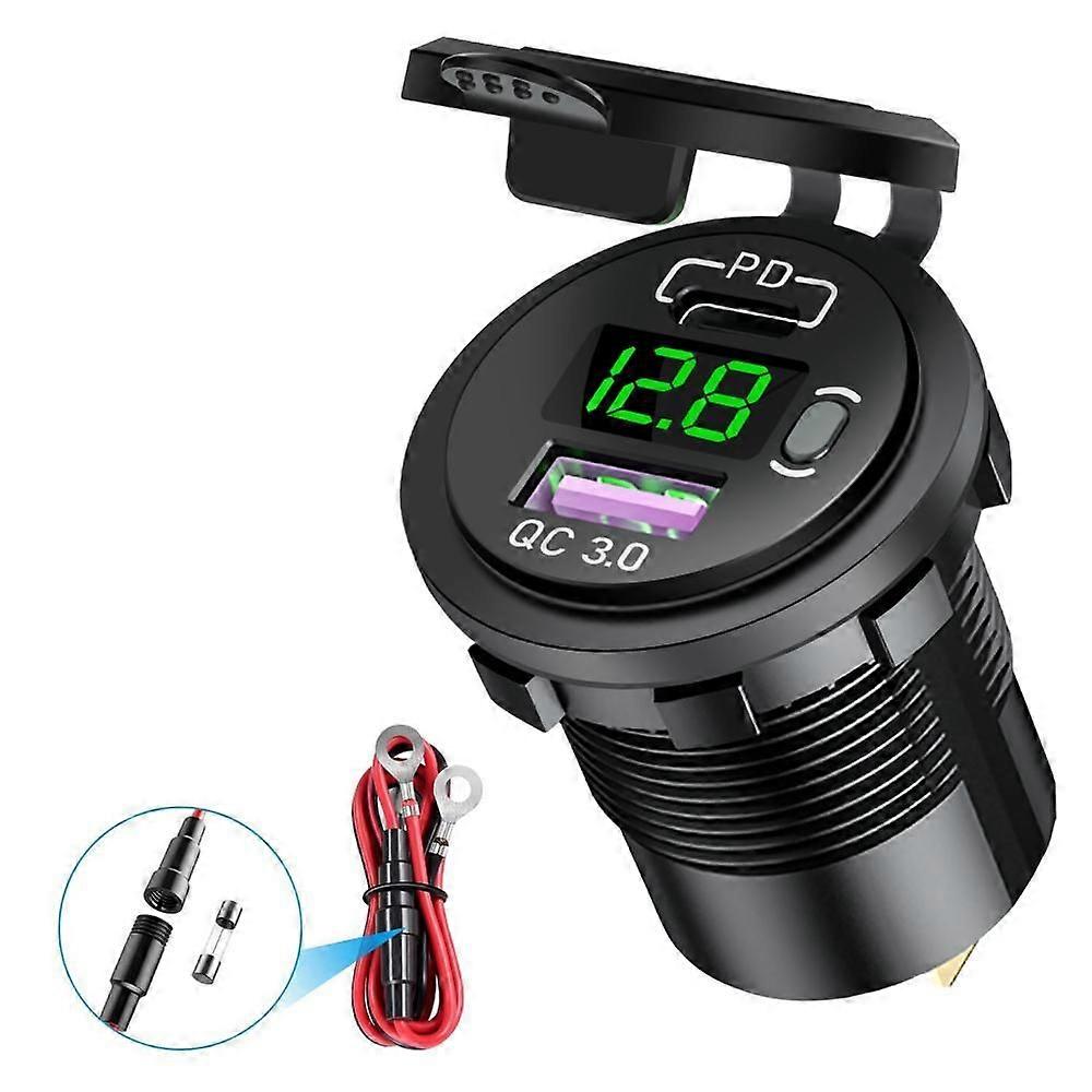 PD+QC3.0 All Metal USB Car Charger Fast Charge-Green Light (One Set)