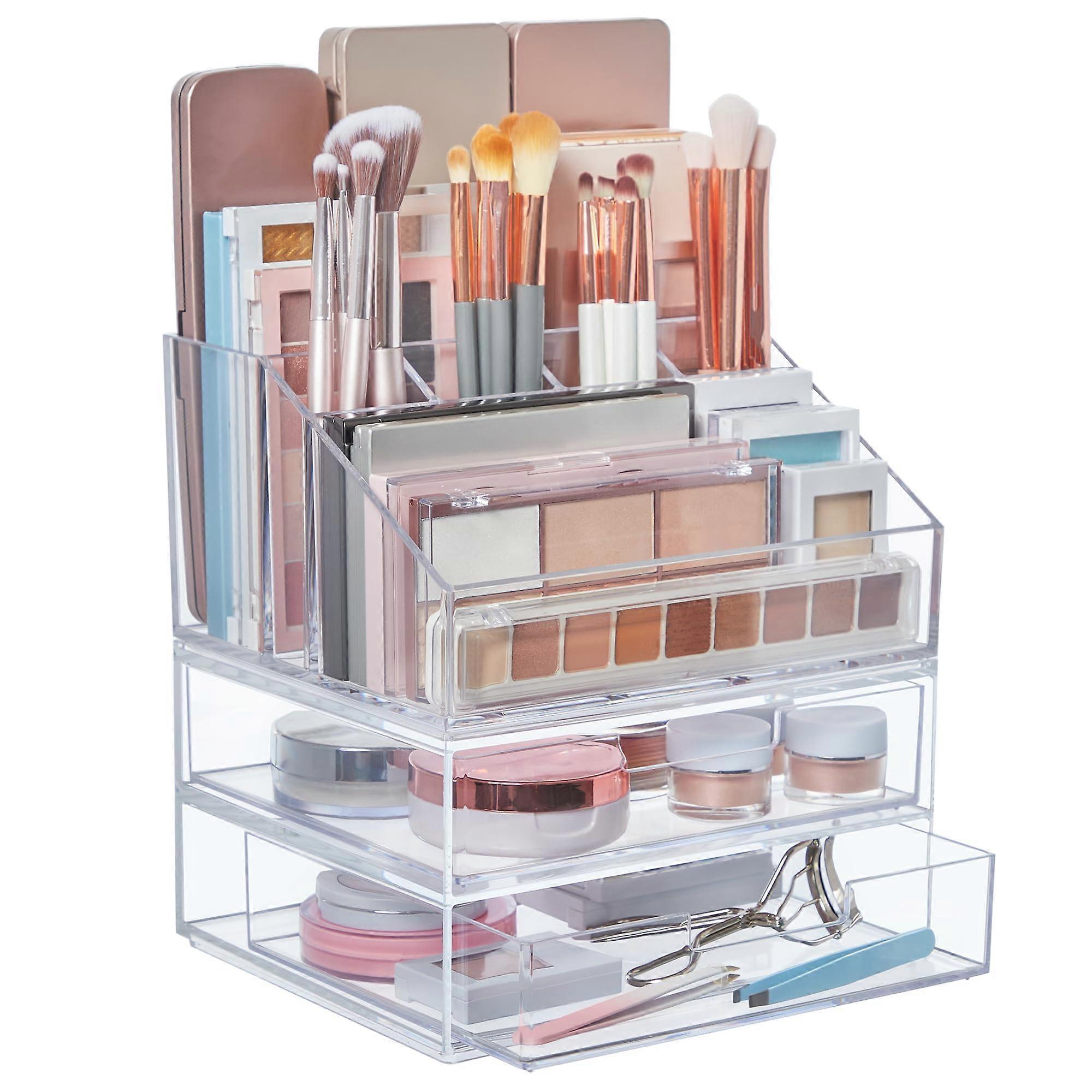 Stackable Clear Makeup Drawer Organizer with Double Storage for Cosmetics, Beauty Supplies, and Accessories