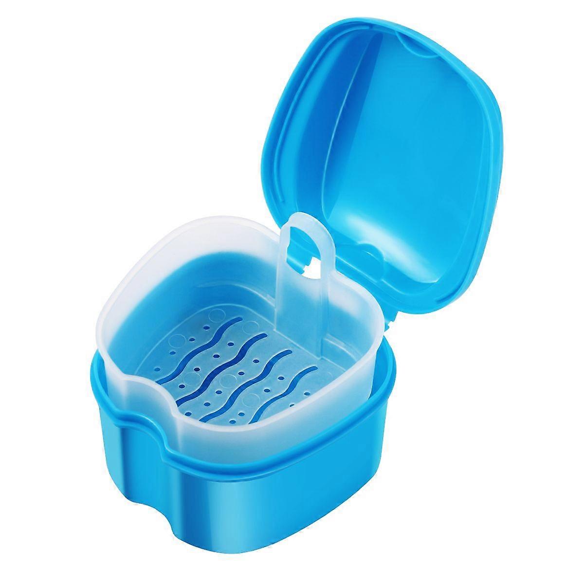 SUPVOX Denture Box Case Denture Bath Box Case Dental False Teeth Storage Box with Hanging Net Container (Light Blue)